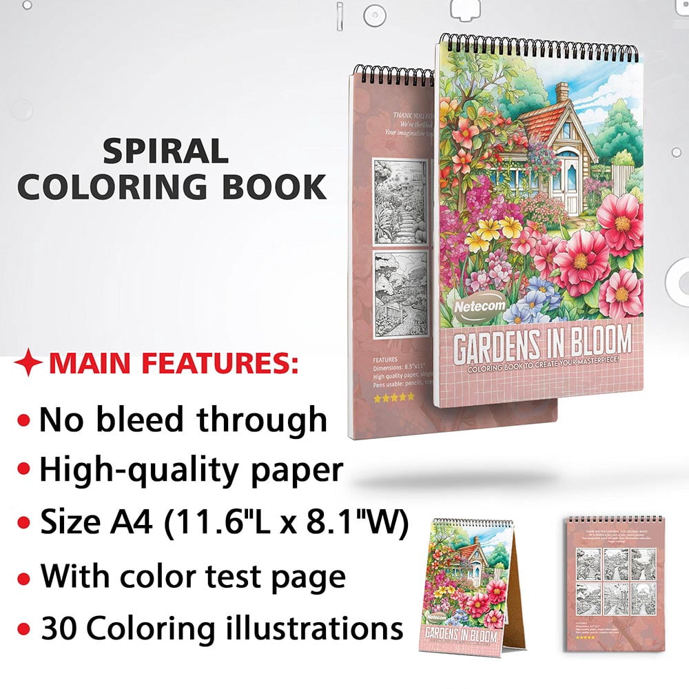 Netecom Gardens in Bloom Coloring Book for Adults, Spiral Bound, Soft Cover
