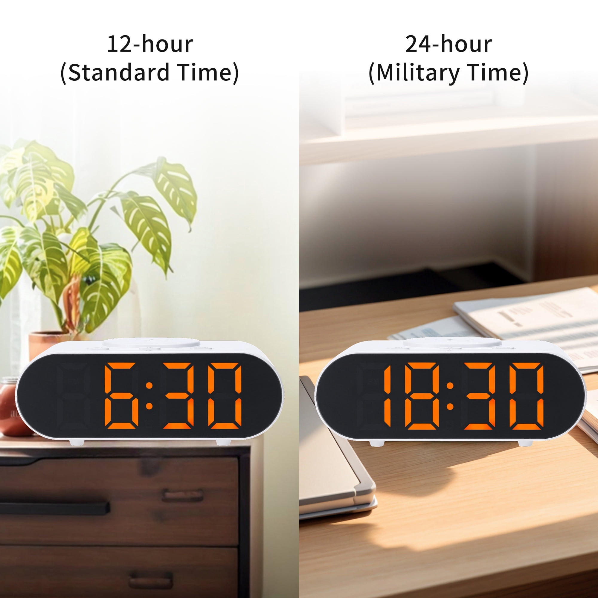 REGALWOVEN Oval Alarm Clock with Nightlight, Dimmable, 12/24H,USB Port, Wireless Charging, Decorate for Bedroom 7.1 x 3.1 x 2.4 inch Orange