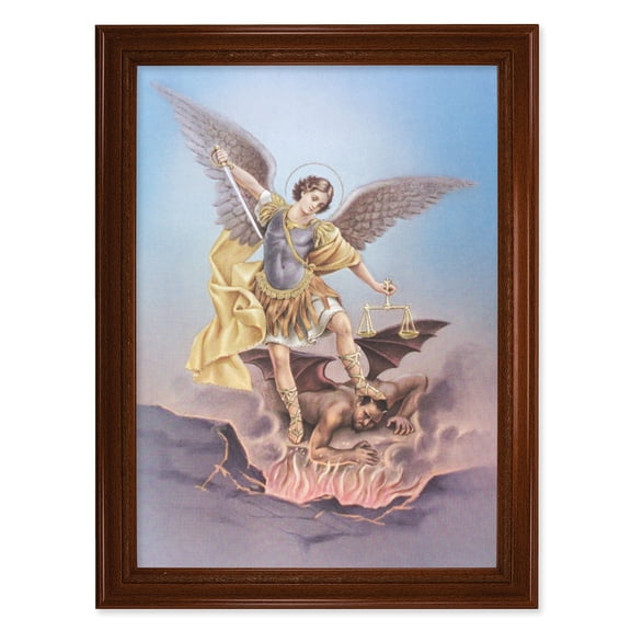 St. Michael Picture Framed Wall Art Decor Extra Large, Natural Walnut Finished Frame with Fluted Detail