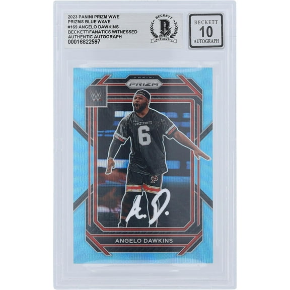 Angelo Dawkins WWE Autographed 2023 Panini Prizm Blue Wave Prizm White Ink #169 Beckett Fanatics Witnessed Authenticated 10 Card - Fanatics Authentic Certified