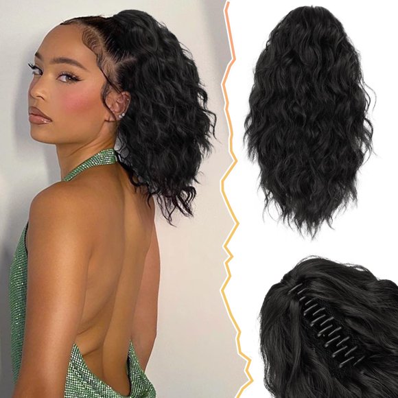 BARSDAR Short Black Ponytail Extension - 12 Inch Claw Clip Hair Extensions for Women, Multi Layered Soft Synthetic Clip in Hairpiece for Daily Party - Natural Black