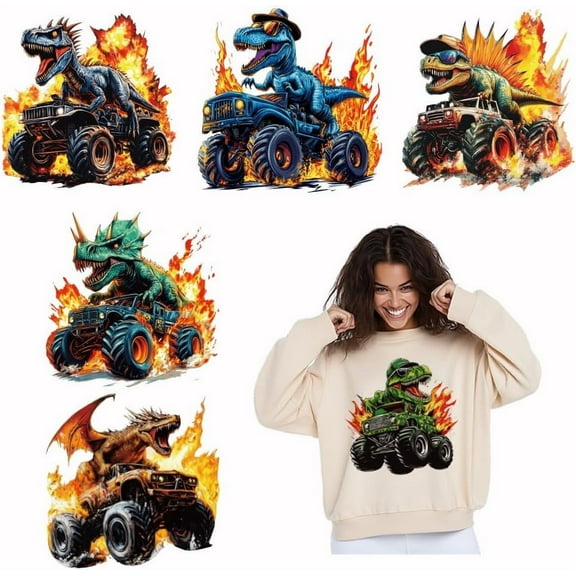 6 PCS Dinosaur Truck Iron on Transfers Flame Heat Transfer Decals for T Shirts Clothing Shirt Stickers Iron on Designs for Boy T-Shirt Hoodie Canvas Bags Pillow Jackets Crafts 9.8in for diy making