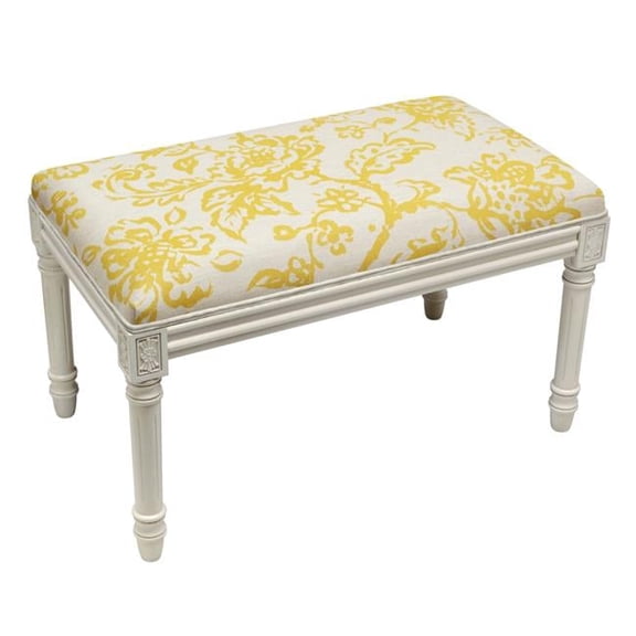 Mustard Toile Upholstered Wooden Bench, Antique White