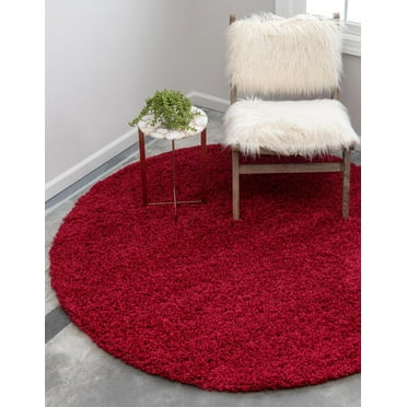 Rugs.com Solid Shag Collection Rug – 4 Ft Round Cherry Red Shag Rug Perfect For Kitchens, Dining Rooms