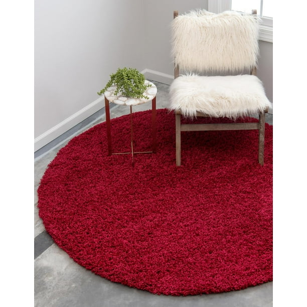 Solid Shag Collection Rug 5 Ft Round Cherry Red Shag Rug Perfect For Kitchens, Dining