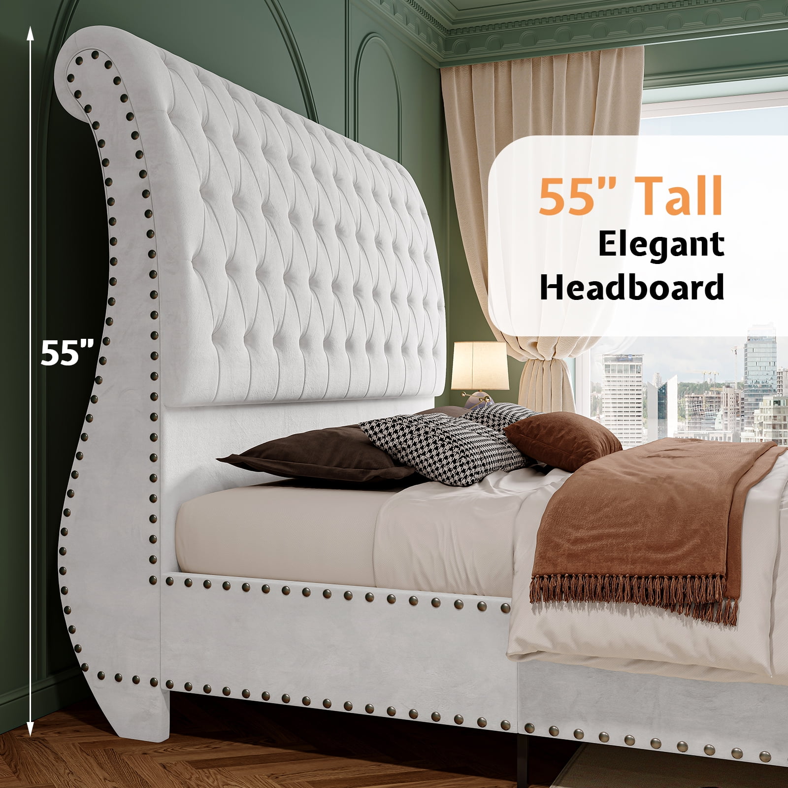 Merluxy Queen Size Bed Frame, Velvet Upholstered Platform Sleigh Bed With Scroll Headboard & Footboard, Button Tufted, No Box Spring Needed,White
