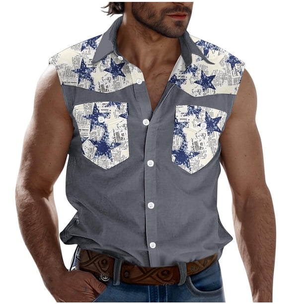 Camisas de Cuello para Hombres, Moda Casual Día de la Independencia Imprimir Turndown Bolsillos sin Mangas Tanque Deportivo