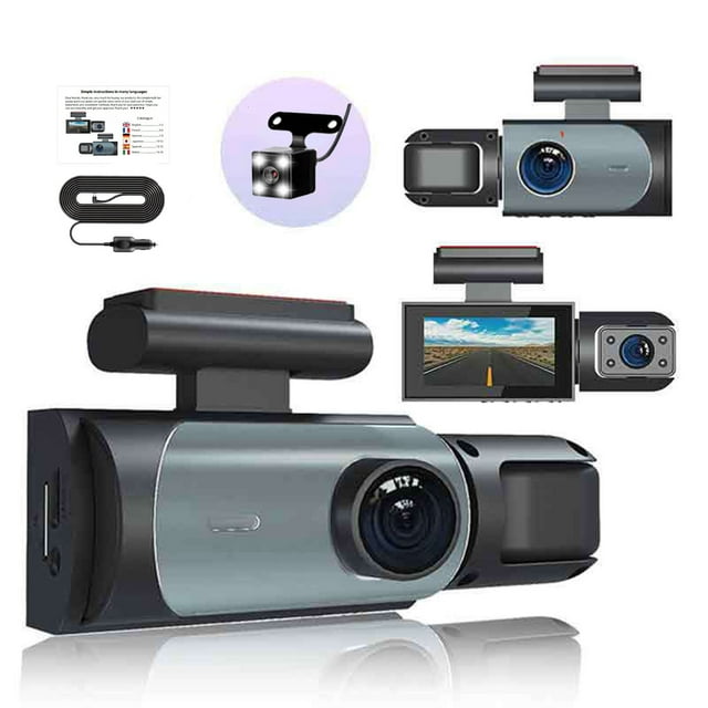 CQCYD 2Pcs Dash Cam 3 Channel Car Recorder, .97in HD 1080P Front Inside Rear Camera, Night Vision Motion Detection Loop Recording, 130° Wide Angle DVR for Vehicle Security