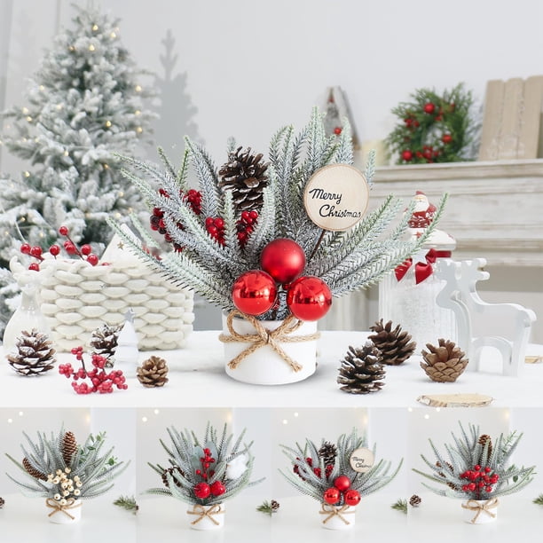 Mini árbol de Navidad decorativo de escritorio con bayas y piñas artificiales para sala de estar o dormitorio. Ambiente navideño. 1 unidad. 30 × 24 × 7,8 cm. Rkxzt