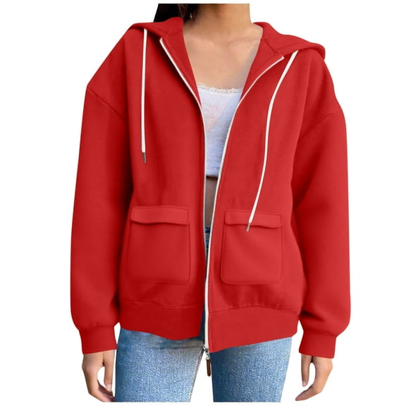 Lenpel Women's Zip up Hoodies Winter Fall Fashion Long Sleeve Oversized Sweatshirts Loose Casual Jackets with Pockets(Red,X-Large)