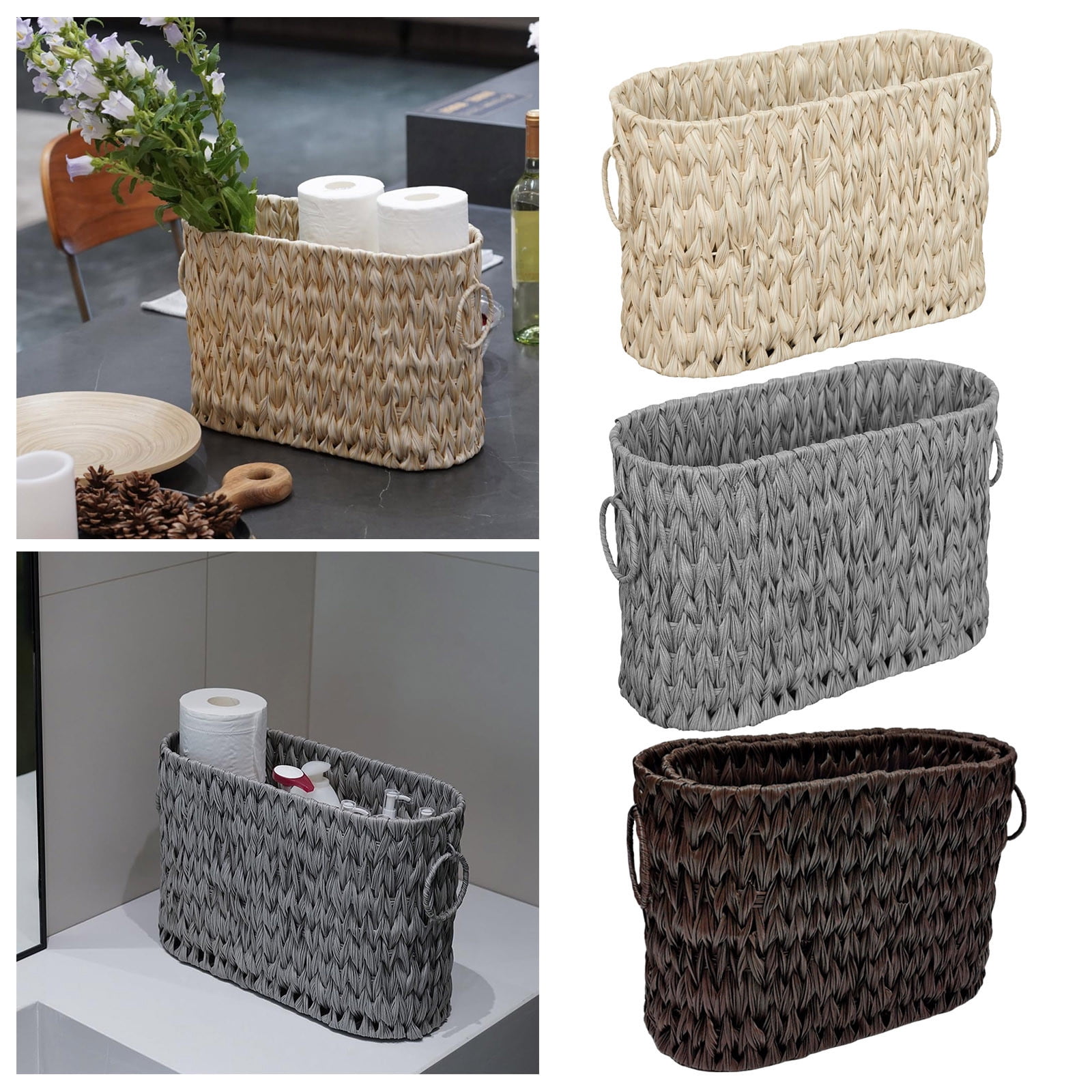 Large Waterproof Wicker Toilet Tank Basket Storage Organizer with Handles, Woven Bathroom Countertop Organizer Basket 14.17"x5.71"x10.43" for Toilet Paper and Bath Supplies