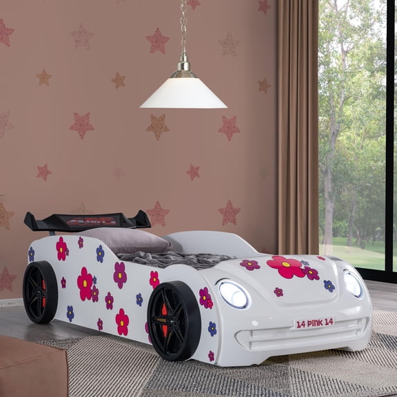 Furniture of America Junel Wood Race Car Design Twin Kid Bed with LED in White