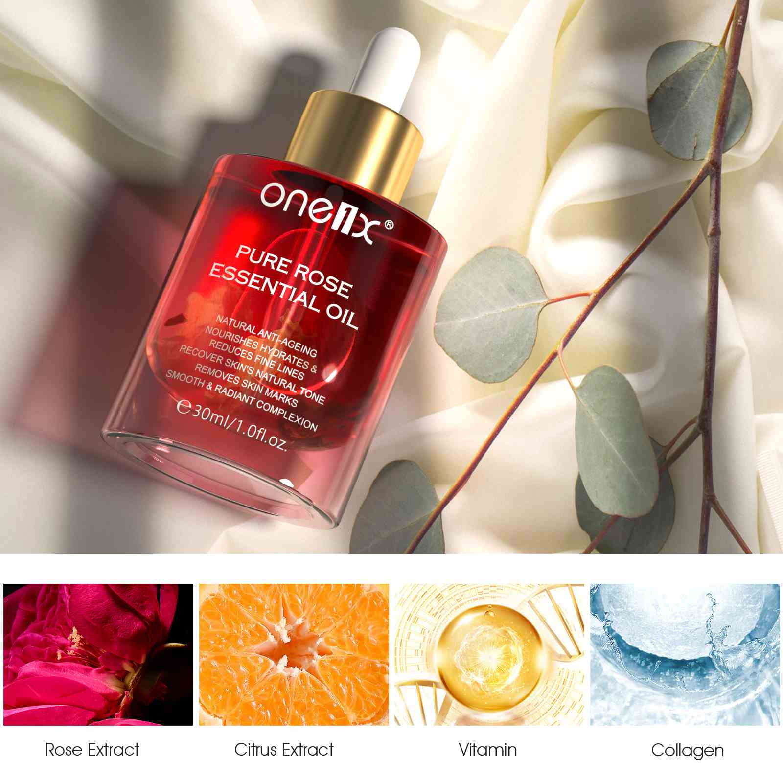 Happy pureローズ^ - ^ ONE1X Rose Essential Oil, Anti-Aging Serum for Dry Skin
