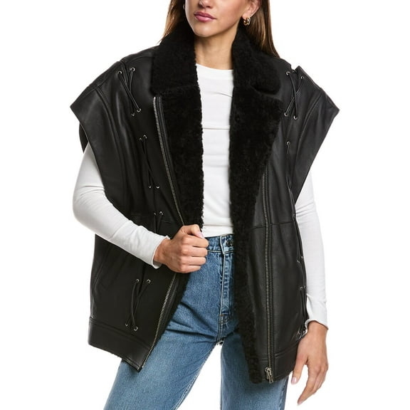 IRO womens  Fjord Leather & Shearling Jacket, 38, Black