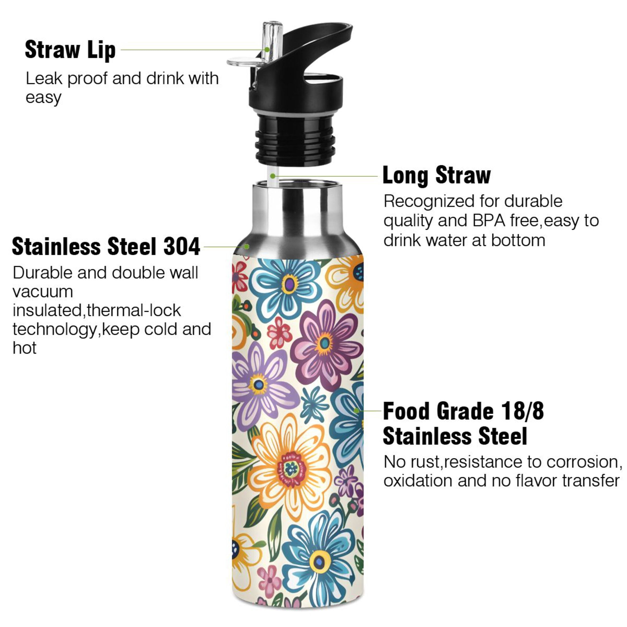 Colorful Floral Print Flowers Sports Water Bottle with Straw Lid Insulated Stainless Steel Leak Proof BPA Free Thermal Mug with Handle for Gym Yoga Cycling Camping