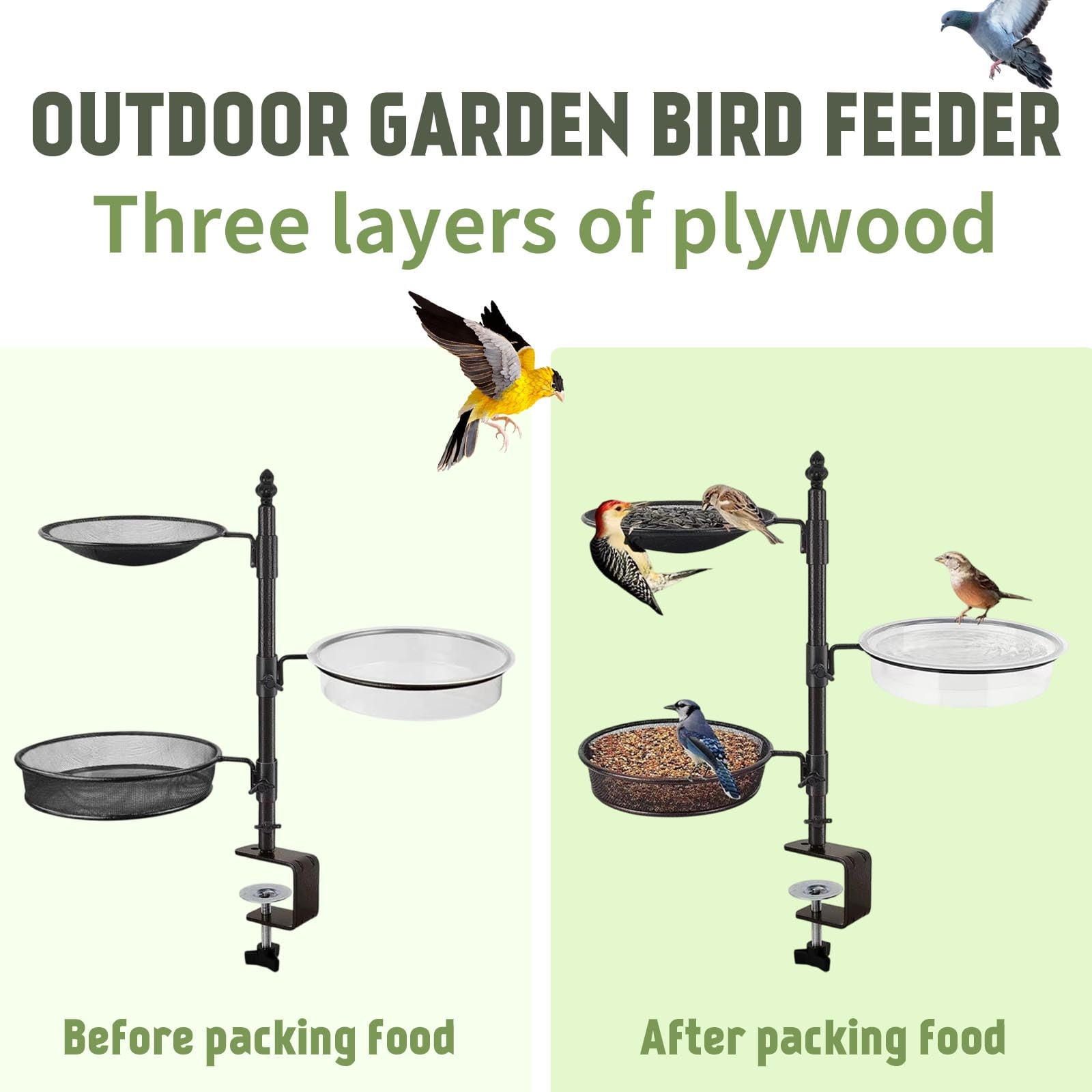 Deck Railing Bird Feeder with Clamp - Multi-Layer Mesh Trays & Bird Bath Bowl, Adjustable Metal Pole Outdoor Garden Feeder, Bird Feeder for Outdoors Hanging, Window Bird Feeder