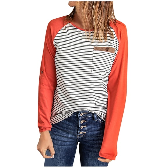 Lilgiuy Women's Casual Fashion Round Neck Long Sleeve Color Matching Pocket Tops Blouse Business Wear