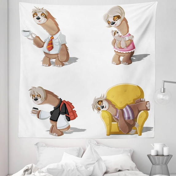Sloth Tapestry, Cartoon Lazy Sloths Family Father Mother Resting Drinking Coffee Going to Work, Fabric Wall Hanging Decor for Bedroom Living Room Dorm, 5 Sizes, Multicolor, by Ambesonne