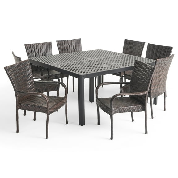 Dawson Outdoor 8 Seater Aluminum and Wicker Dining Set with Stacking Chairs, Matte Black, Multibrown