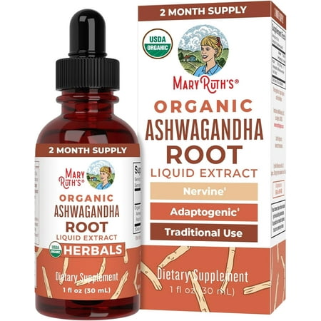 MaryRuth's Ashwagandha Root USDA Organic Liquid Drops Stress Relief, Natural Calm, Relaxation and Mood Support, Vegan Non-GMO, 60 Servings