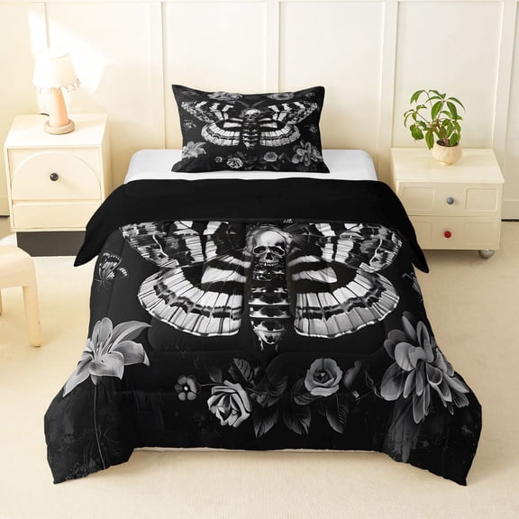 Homewish Goth Skull Moths Twin Comforter Sets,Vintage Flowers Bedding Set,Black Gray,Halloween Duvet,Black Reversible,2pcs,1 Comforter and 1 Pillowcase