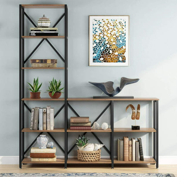 9 Shelves Bookshelves, Industrial Ladder Corner Etagere Bookcase, Rustic  6-Tier Display Shelf Storage Organizer for Home Office, Dark Walnut