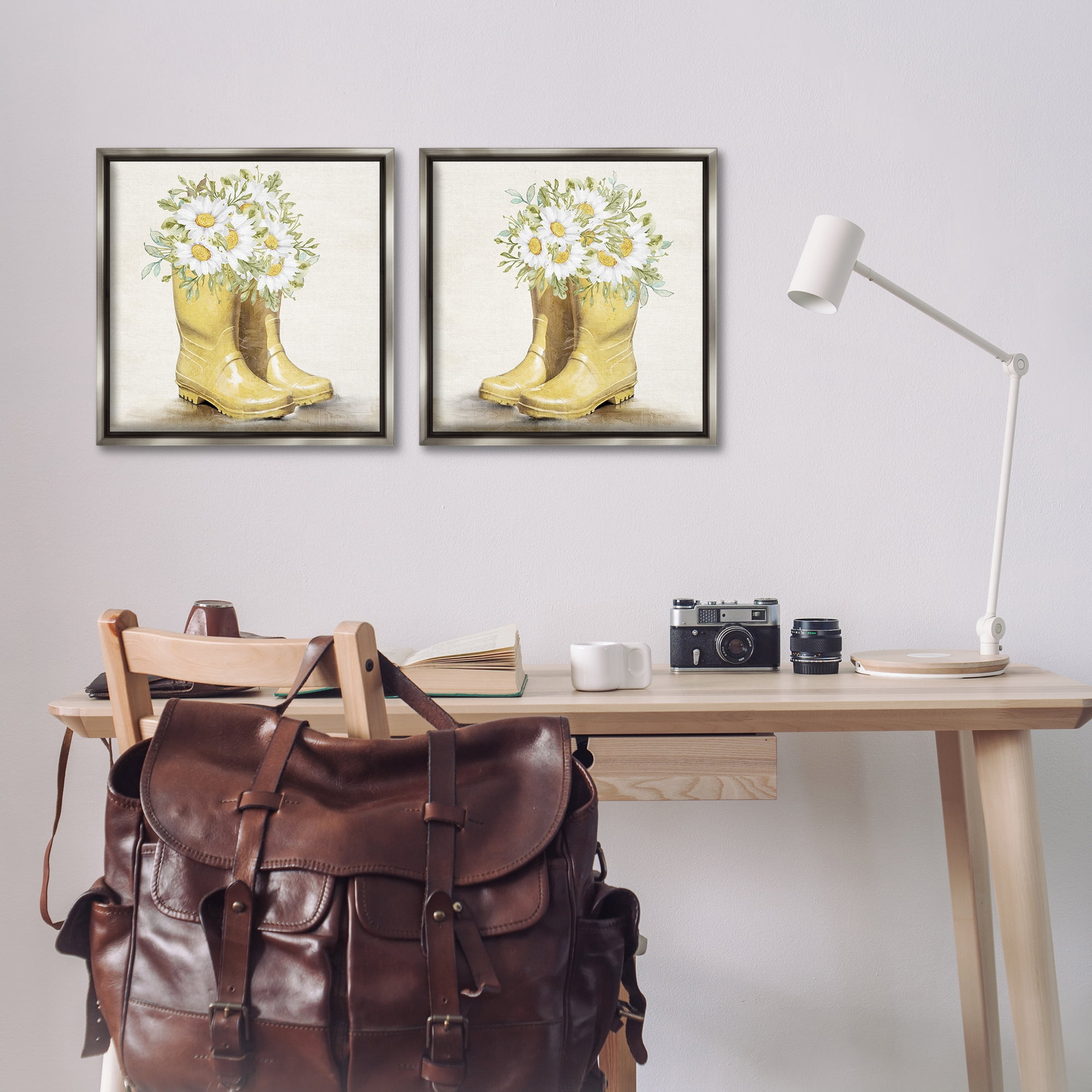 Stupell Industries Yellow Garden Boots Daisies Plants & Flowers Painting Gray Floater Framed Canvas Art Print Wall Art, 18 x 18, Set of 2