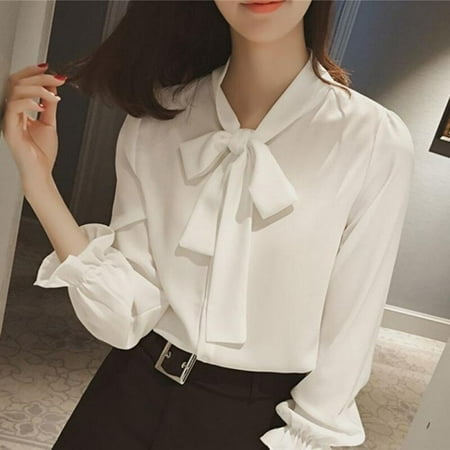 Clearance!Women Sweet Bow Tie Neck Ruffles Chiffon Shirts Long Sleeve Loose Blouse Ladies Casual Tops Blusas Solid White XXL