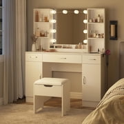 Vabches Modern Vanity Desk Set with Large Mirror and Stool, Large Makeup Table Set with 3 Drawers, 2 Cabinets & Storage Stool, Adjustable Lighting Colors