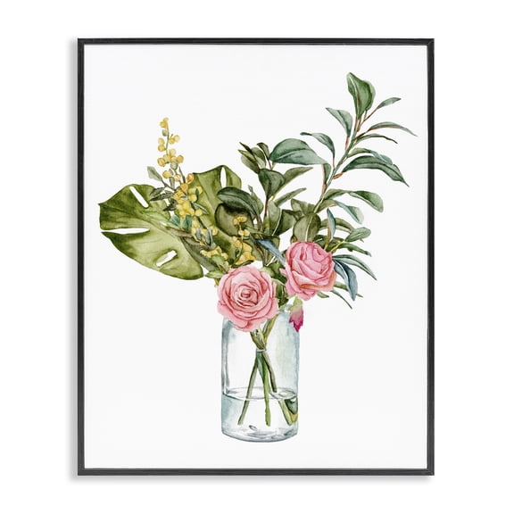Stupell Industries French Country Pink Rose Flowers Monstera Leaves Watercolor Still Life Black Framed Giclee Art, 11 x 14, by Melissa Wang