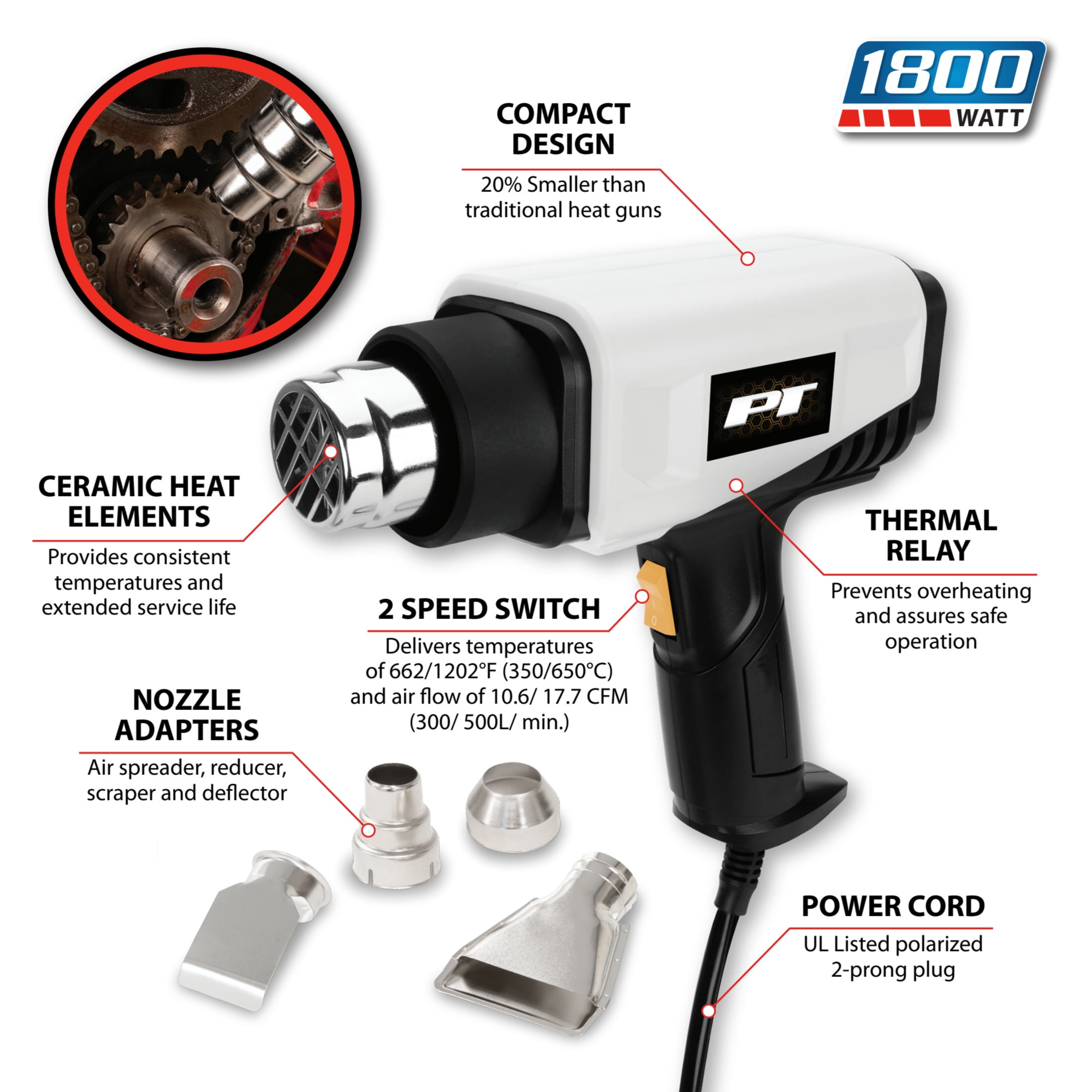 Performance Tool W7734 1800W Compact 2-Speed Heat Gun - Electronic Repair, Heat Shrink, 662/ 1202 Degrees F, Nozzle Adapters, Craft Gun, White/Black