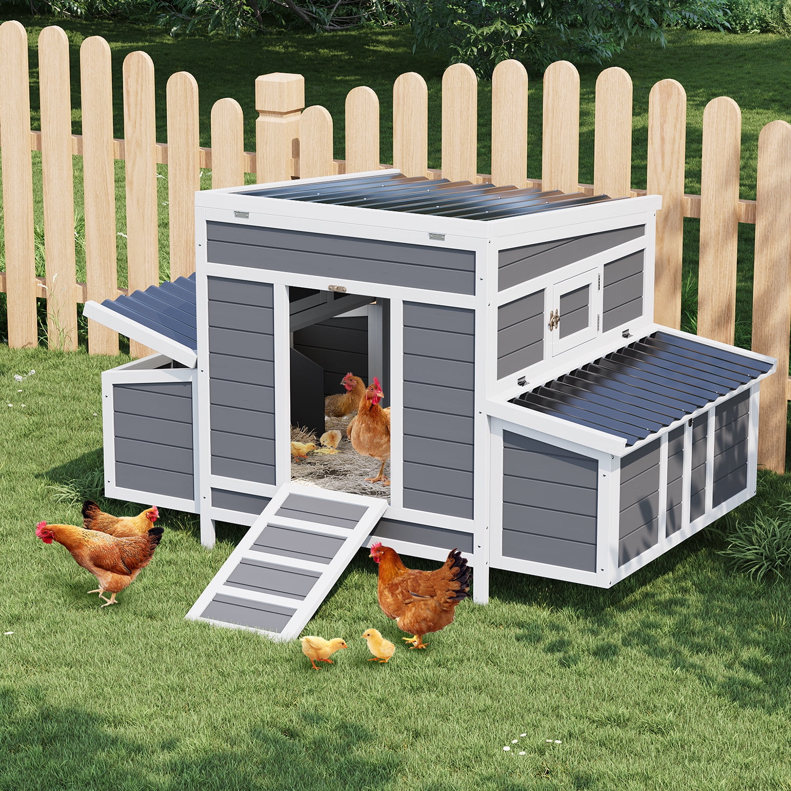 Wooden Chicken Coop 54.41" x 34.49" x 34.05" Chicken Hutch for 4-6 Chickens, with 2 Sides Large Nesting Boxes, Outdoor Poultry Cage Rabbit Cage with Ramps & Tray