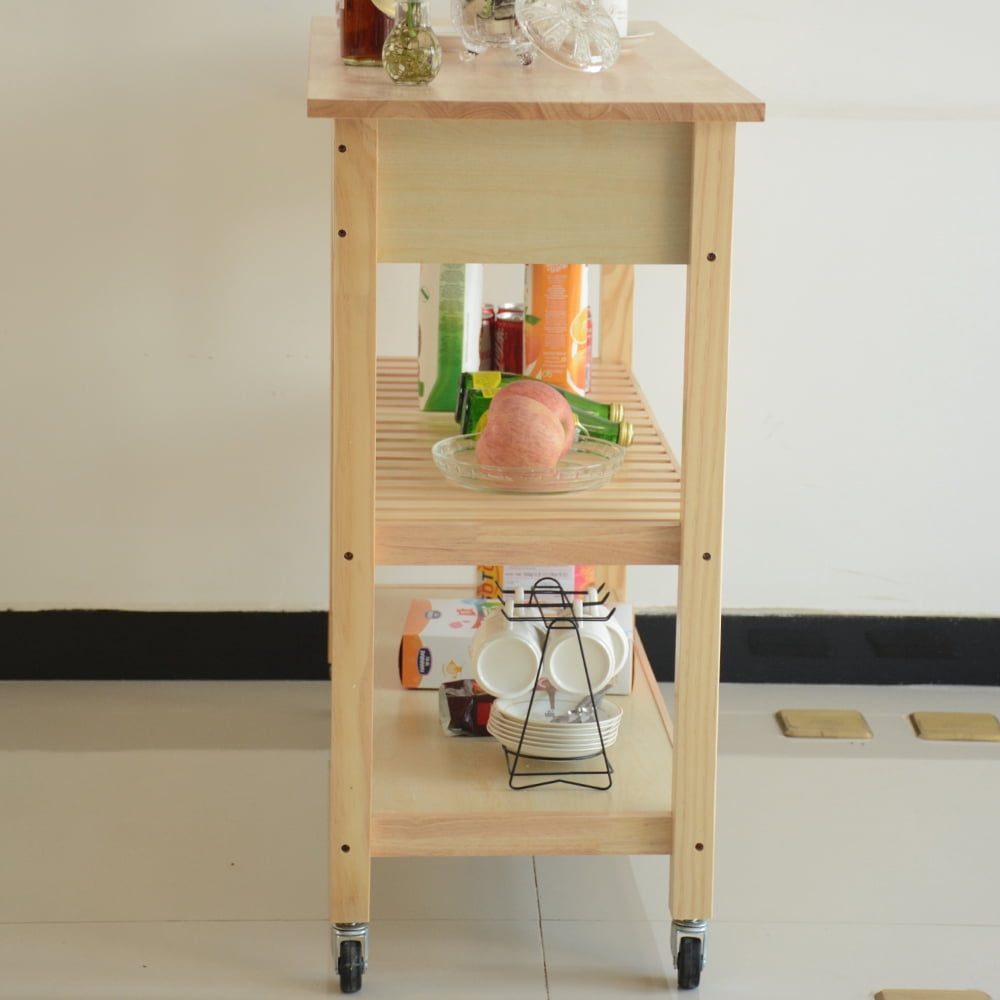 DEALTOPS 45 inch Kitchen Cart, Portable Kitchen Island With Two Wood Top Drawers and Two-Tier Open Shelf, Towel Rack-Natural