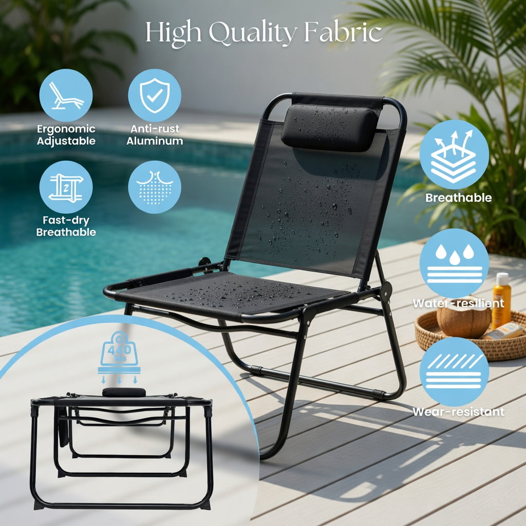 Hommoo 4-Position Adjustable Folding Lounge Chair, Chaise with Detachable Headrest, Side Pocket & Anti-Slip Feet for Poolside, Backyard, Camping, Black