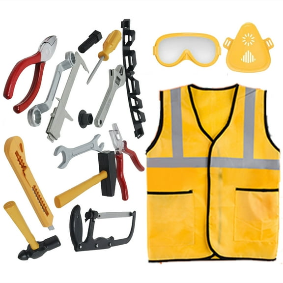 Kids Role Play Costume Set, 17pk Construction Worker Outfit for Toddlers Birthday Christmas Present, Builder Kit with Goggles, Mask, Tool Belt, Vest, and More for Pretend-Play, Dress up, School Play