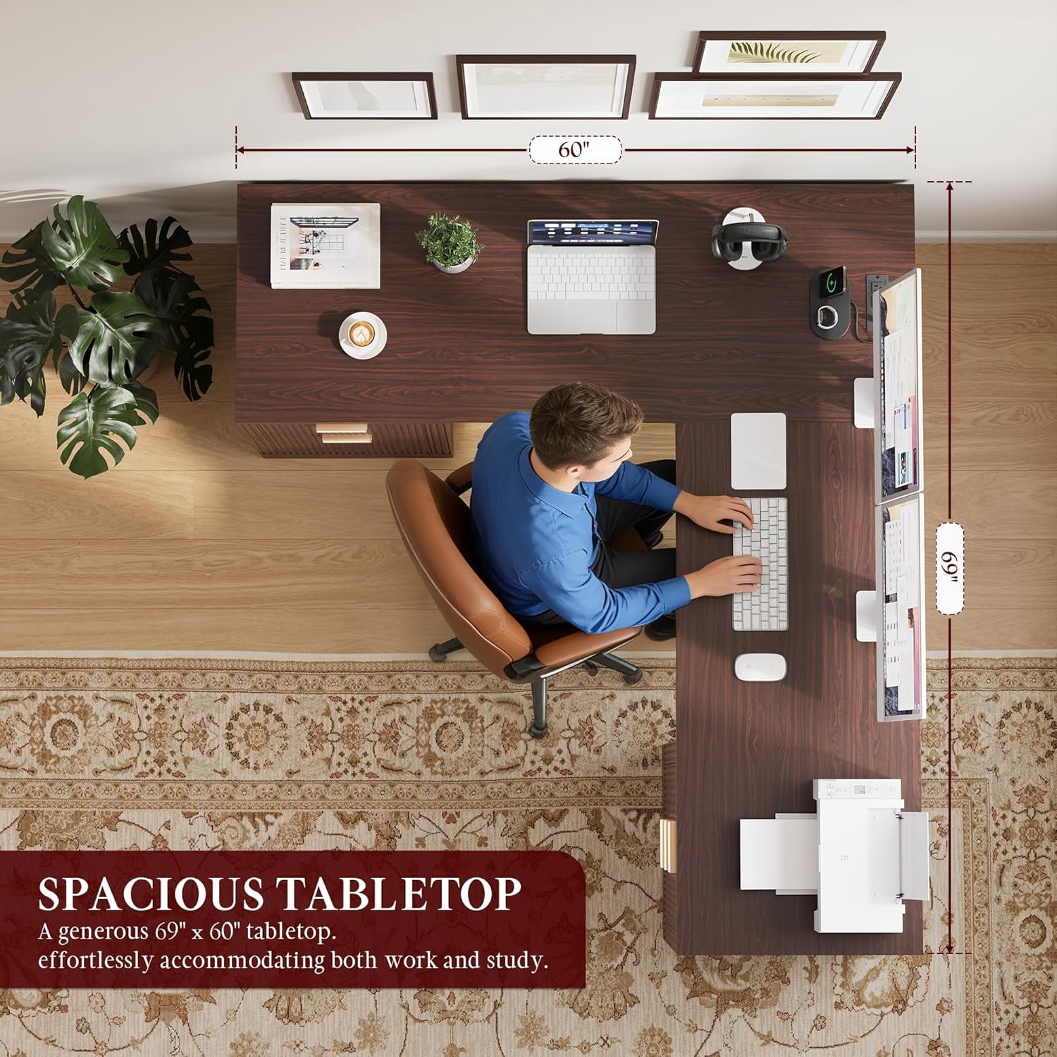 Kuublock 69" Executive L Shaped Desk, Wood Corner Executive Computer Desk with Power Outlets & Storage Drawers, Large Office Desk Workstation for Home, Dark Walnut