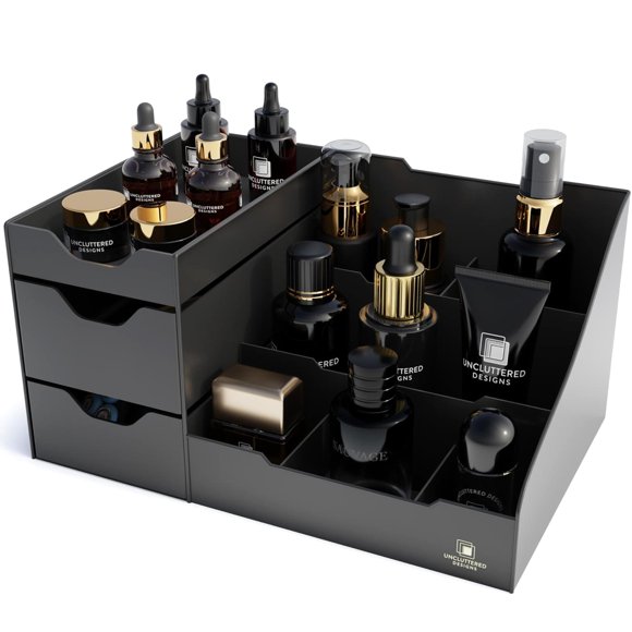 Uncluttered Designs Large Black Vanity Organizer - Countertop Mens Organizer With Drawers for Cologne, Deodorant, Beard, Shaving Lotion, Perfume & Skincare - Perfect for
