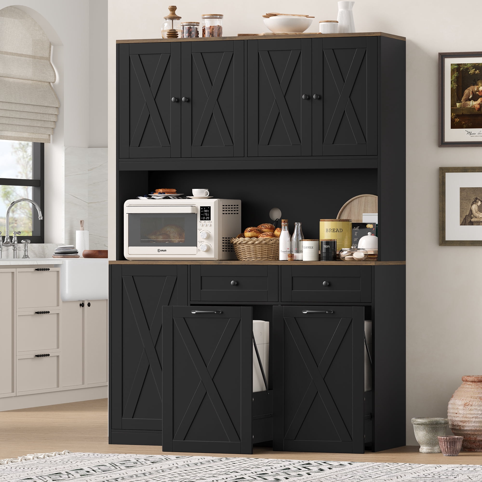 Homfa Kitchen Pantry Cabinet, Trash Can Cabinets Fits 12.5 Gallon Can, 5 Door 2 Drawer Kitchen Storage Cabinet with Hutch, Freestanding Cupboard, Black