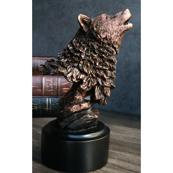 Rustic Woodlands Howling Alpha Wolf Head Bust Bronzed Resin Figurine With Base