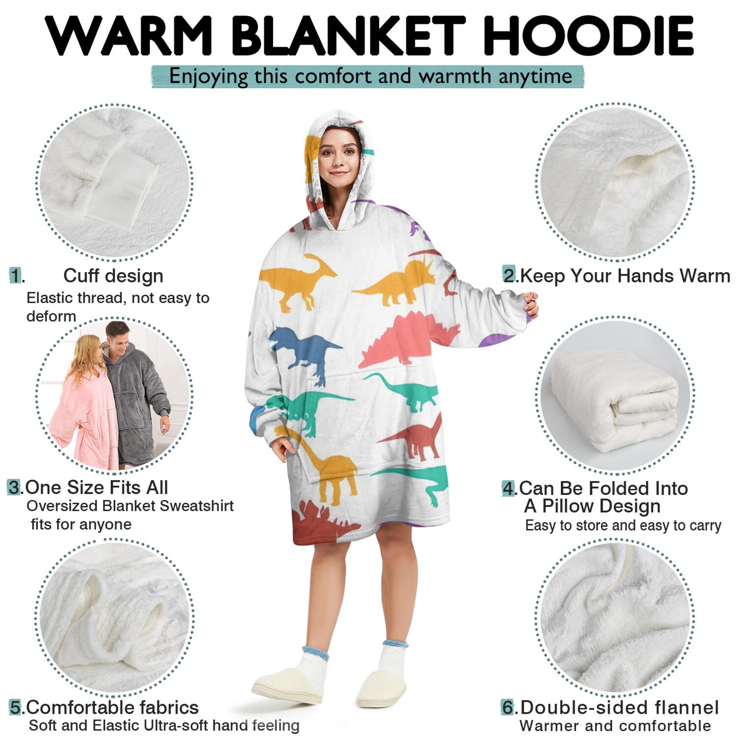 Wearable Oversized Blanket,Colorful Dinosaurs Silhouettes Pattern Wearable Blanket Hoodie for Adults,Cozy Hooded Blankets with Super Pockets,Super Warm Fuzzy Pullover for Women & Men