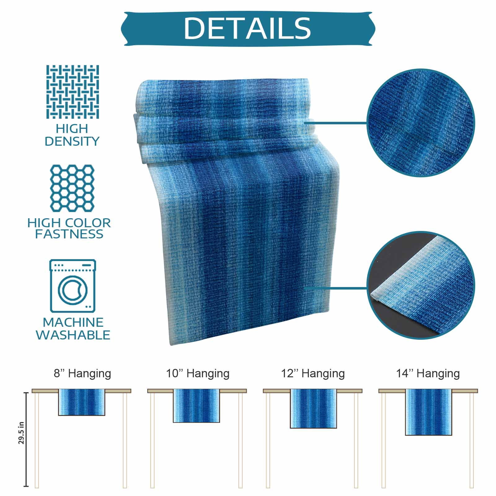 Blue Ombre Stripes Cotton Linen Table Extra Long Runner 13 x 120 inch Modern Gradient Abstract Texture Non-slip Rectangular Dining Table Decor for Wedding Party Holiday Dinner