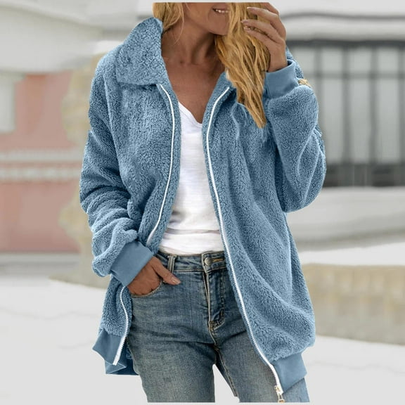 gbyLJF Womens Double-sided Fleece Coat Solid Color Full Zip Long Sleeve Cardigan Casual Lapel Fuzzy Jacket Winter Clothes