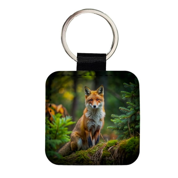Red Fox In Forest Faux Leather Square Keychain