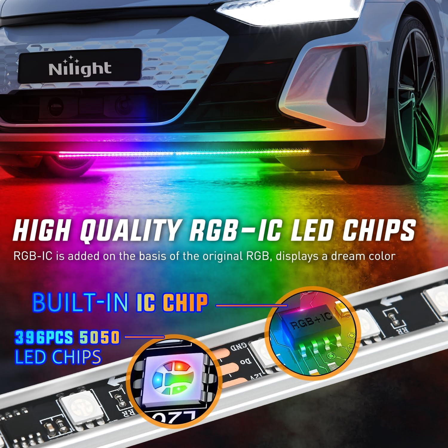 4Pcs Aluminum Underglow LED Lights for Cars,8 Color RGB 396 Led Sound Active Function Music Mode Underglow Kit,Music Mode with APP, Waterproof Underbody Neon Strip Light for Car SUV Truck