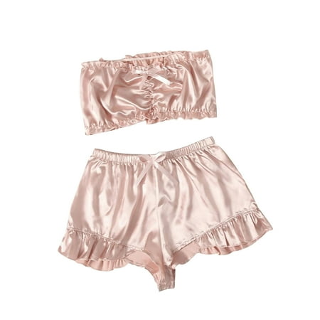 

WANYNG Ladies Sexy Lingerie Tube Top Satin Bowknot Lingerie Pajama Set Underwear Brief Miniskirt Lingerie Set