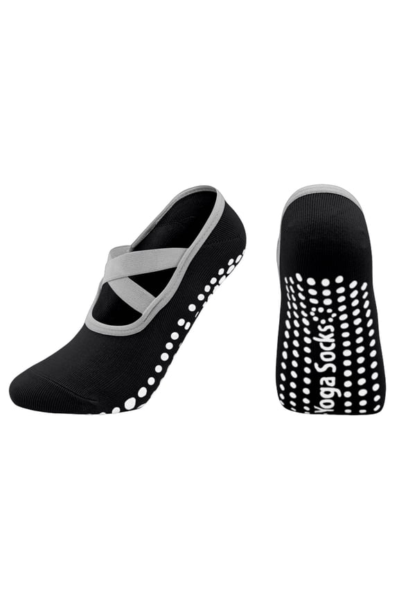 Non-slip Grips Pilates Cotton Socks For Women Ankle Straps Yoga Dance Gripper Workouts Anti Skid Sock Black Free Size