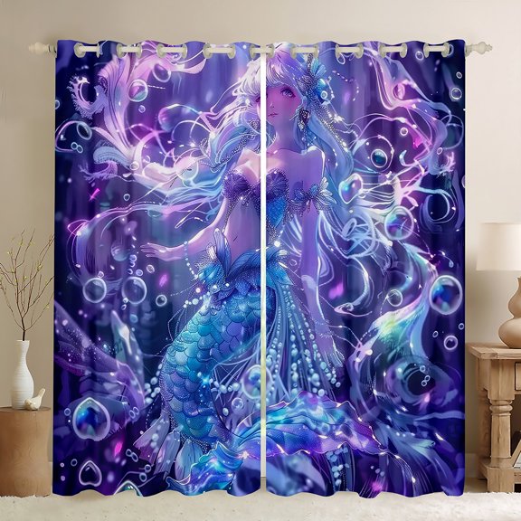 Manfei Cute Mermaid Princess Curtains Pack of 2 (42x84 Each),Watercolor Magic Animal Curtains Blackout,Purple Blue Bedroom Curtains For Girls Kids,Ultra Soft Home Decor