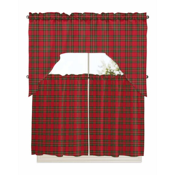 Christmas, Swag Valance and Tier Curtains 36'' Length Set, Country Rustic Red Green Buffalo Lattice Light Filtering Kitchen Curtains, Tier Curtain Valances for Bathroom/Living Room/Bedroom/Café