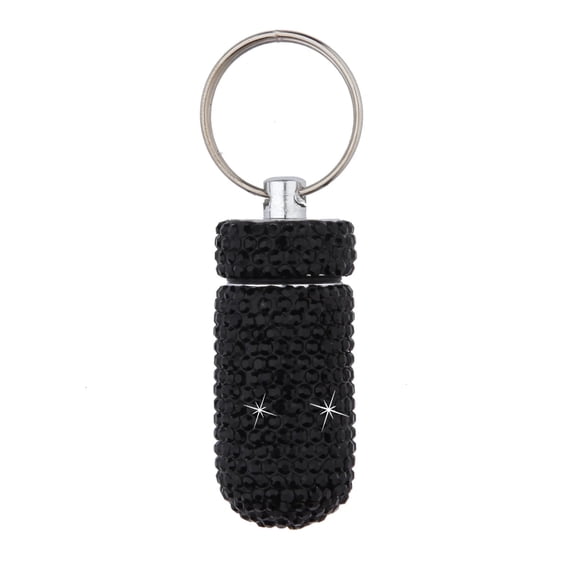 Bling Keychain Pill Holder,Crystal Rhinestones Waterproof Pill Bottle Organizer,Cute Small Pill Container for Travel Outdoor Camping,Black