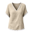 thumbnail image 5 of TGSLY Women's Fringe Trim Linen Tops Lightweight Soft V Neck Short Dolman Sleeve Blouses Loose Fit Dressy Casual Solid Color Tshirts S, 5 of 7